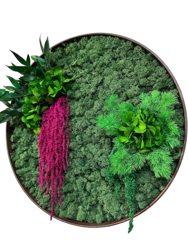 Kulatý mechový obraz s sobí mechem a rostlinami